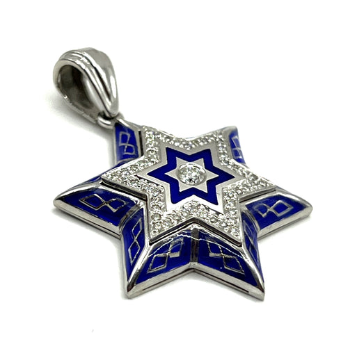 14K Gold & Diamond With Blue Enamel Star of David Necklace